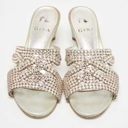 Pre Owned Gina Silver Leather and Crystal Embellished Slide Size 37.5
