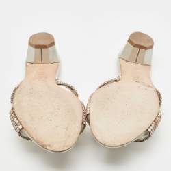 Pre Owned Gina Silver Leather and Crystal Embellished Slide Size 37.5