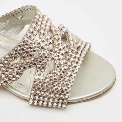 Pre Owned Gina Silver Leather and Crystal Embellished Slide Size 37.5