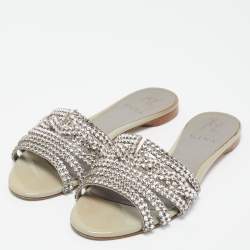 مملوكة مسبقًا Gina Pale Grey Leather Crystal Embellished Thong Flat Slides Size 38