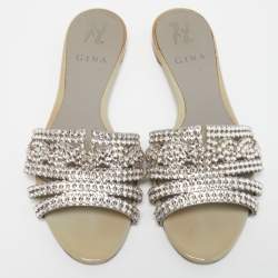 مملوكة مسبقًا Gina Pale Grey Leather Crystal Embellished Thong Flat Slides Size 38