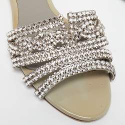 مملوكة مسبقًا Gina Pale Grey Leather Crystal Embellished Thong Flat Slides Size 38