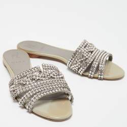 مملوكة مسبقًا Gina Pale Grey Leather Crystal Embellished Thong Flat Slides Size 38