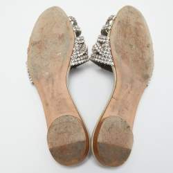 مملوكة مسبقًا Gina Pale Grey Leather Crystal Embellished Thong Flat Slides Size 38