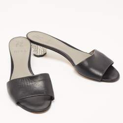 Gina Black Leather Crystal Embellished Heel Slides Size 40