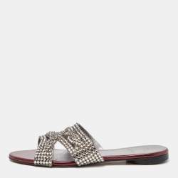 Gina Red Crystal Embellished Leather Flat Slides Size 39.5