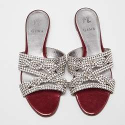 Gina Red Crystal Embellished Leather Flat Slides Size 39.5