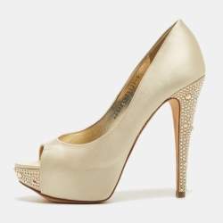 Pre Owned Gina Gold Satin Crystal Embellished Platform Pumps Size 38