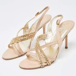 Pre Owned Gina Beige Leather Embellished Slingback Sandals Size 38