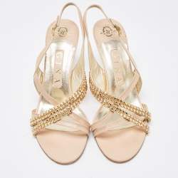 Pre Owned Gina Beige Leather Embellished Slingback Sandals Size 38