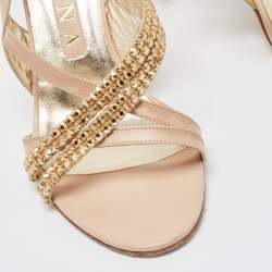Pre Owned Gina Beige Leather Embellished Slingback Sandals Size 38