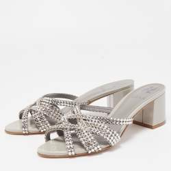 Pre Owned Gina Silver/Grey Leather Crystal Embellished Slide Sandals Size 38