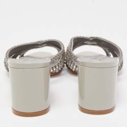 Pre Owned Gina Silver/Grey Leather Crystal Embellished Slide Sandals Size 38