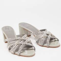 Pre Owned Gina Silver/Grey Leather Crystal Embellished Slide Sandals Size 38