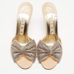 Pre Owned Gina Beige Leather Crystal Embellished Bow Slide Sandals Size 38