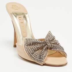 Pre Owned Gina Beige Leather Crystal Embellished Bow Slide Sandals Size 38