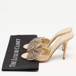 Pre Owned Gina Beige Leather Crystal Embellished Bow Slide Sandals Size 38