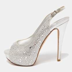 Gina Silver Crystal Embellished Satin Peep Toe Platform Slingback Sandals Size 39