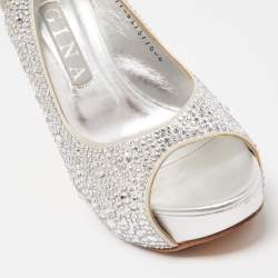 Gina Silver Crystal Embellished Satin Peep Toe Platform Slingback Sandals Size 39