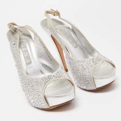 Gina Silver Crystal Embellished Satin Peep Toe Platform Slingback Sandals Size 39