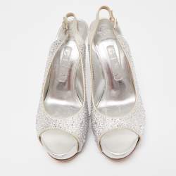Gina Silver Crystal Embellished Satin Peep Toe Platform Slingback Sandals Size 39