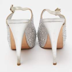Gina Silver Crystal Embellished Satin Peep Toe Platform Slingback Sandals Size 39