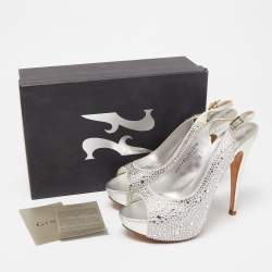 Gina Silver Crystal Embellished Satin Peep Toe Platform Slingback Sandals Size 39