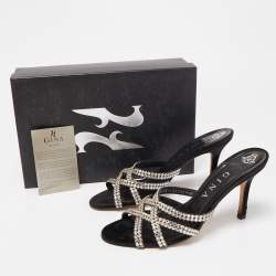 مملوكة مسبقًا Gina Black Crystal Embellished Leather Strappy Slide Sandals Size 39.5