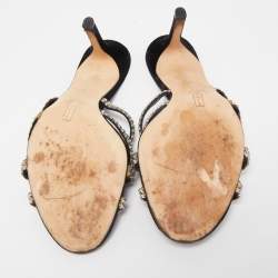 مملوكة مسبقًا Gina Black Crystal Embellished Leather Strappy Slide Sandals Size 39.5