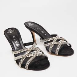 مملوكة مسبقًا Gina Black Crystal Embellished Leather Strappy Slide Sandals Size 39.5