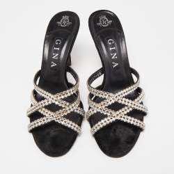 مملوكة مسبقًا Gina Black Crystal Embellished Leather Strappy Slide Sandals Size 39.5