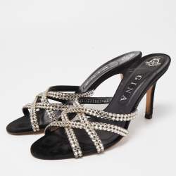 مملوكة مسبقًا Gina Black Crystal Embellished Leather Strappy Slide Sandals Size 39.5