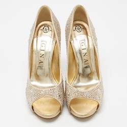 Pre Owned Gina Metallic Beige Crystal Embellished Satin Peep Toe Platform Pumps Size 39.5