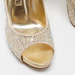 Pre Owned Gina Metallic Beige Crystal Embellished Satin Peep Toe Platform Pumps Size 39.5