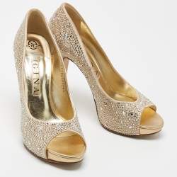 Pre Owned Gina Metallic Beige Crystal Embellished Satin Peep Toe Platform Pumps Size 39.5