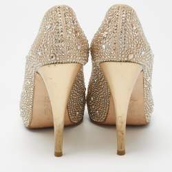 Pre Owned Gina Metallic Beige Crystal Embellished Satin Peep Toe Platform Pumps Size 39.5