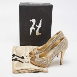 Pre Owned Gina Metallic Beige Crystal Embellished Satin Peep Toe Platform Pumps Size 39.5