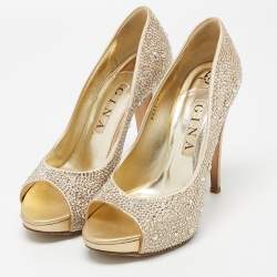 Pre Owned Gina Metallic Beige Crystal Embellished Satin Peep Toe Platform Pumps Size 39.5