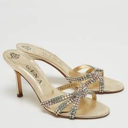 مملوكة مسبقًا Gina Gold Crystal Embellished Leather Knotted Slide Sandals Size 39.5