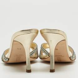 مملوكة مسبقًا Gina Gold Crystal Embellished Leather Knotted Slide Sandals Size 39.5