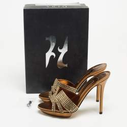 Gina Metallic Gold Crystal Embellished Leather Open Toe Slide Sandals Size 39.5