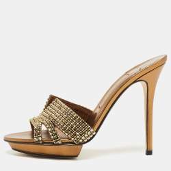 Gina Metallic Gold Crystal Embellished Leather Open Toe Slide Sandals Size 39.5