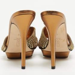Gina Metallic Gold Crystal Embellished Leather Open Toe Slide Sandals Size 39.5