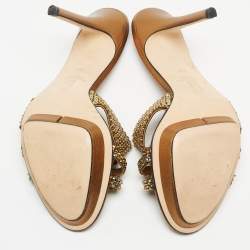 Gina Metallic Gold Crystal Embellished Leather Open Toe Slide Sandals Size 39.5