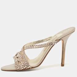 Pre Owned Gina Pink Crystal Embellished Leather Slide Sandals Size 38.5