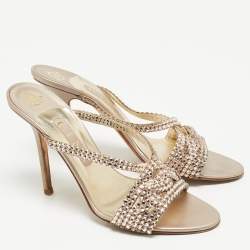 Pre Owned Gina Pink Crystal Embellished Leather Slide Sandals Size 38.5