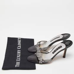Pre Owned Gina Silver/Black Crystal Embellished Leather Slide Sandals Size 38