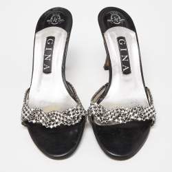 Pre Owned Gina Silver/Black Crystal Embellished Leather Slide Sandals Size 38