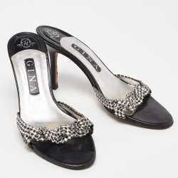 Pre Owned Gina Silver/Black Crystal Embellished Leather Slide Sandals Size 38