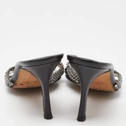 Pre Owned Gina Silver/Black Crystal Embellished Leather Slide Sandals Size 38